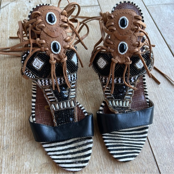 Sam Edelman Sandals Yates Tribal Beaded Wraparound High Heel Black & Soft Saddle - Picture 4 of 16